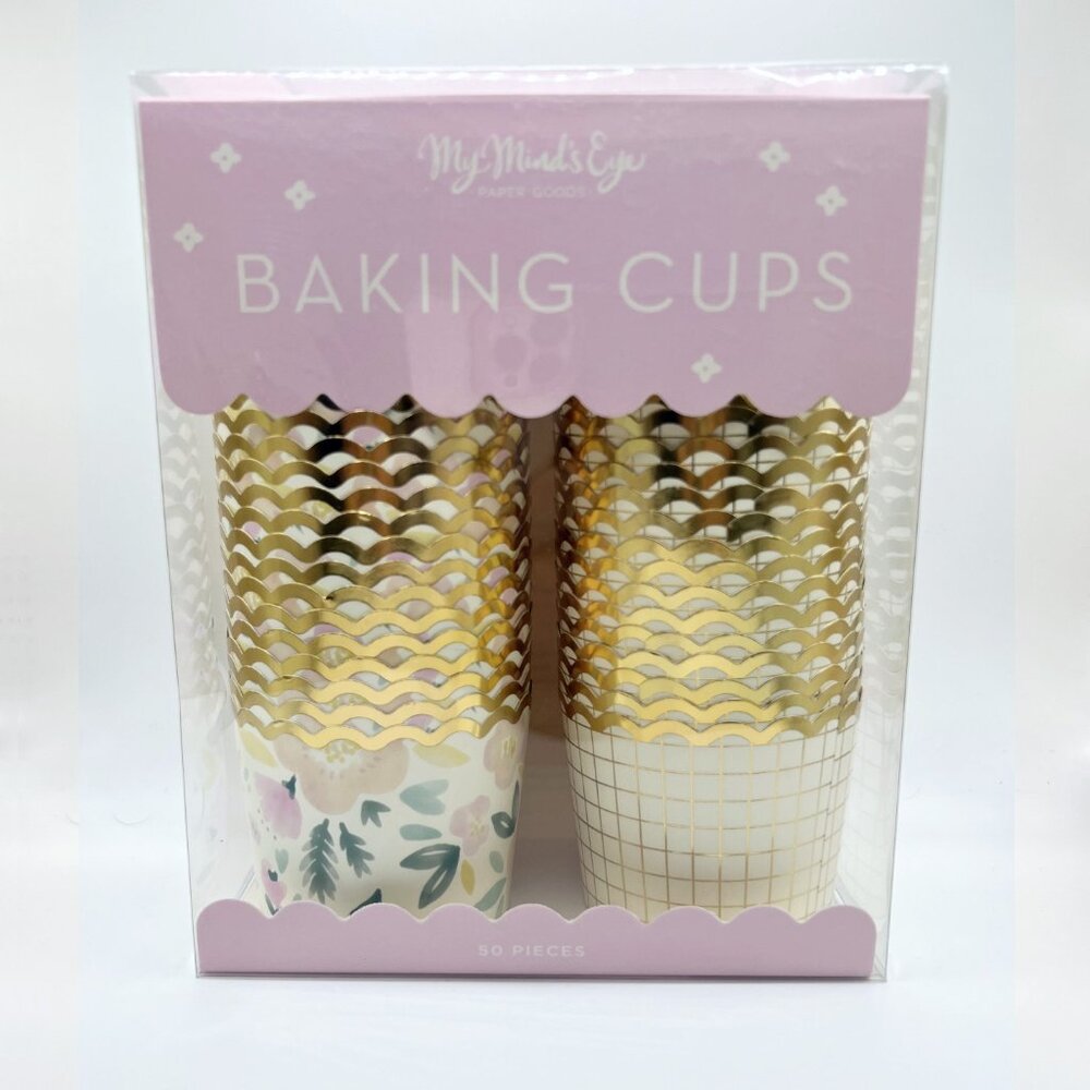 NEW My Minds Eye Gold Foiled Flowers and Basket Grid Baking Cups - 50 Count